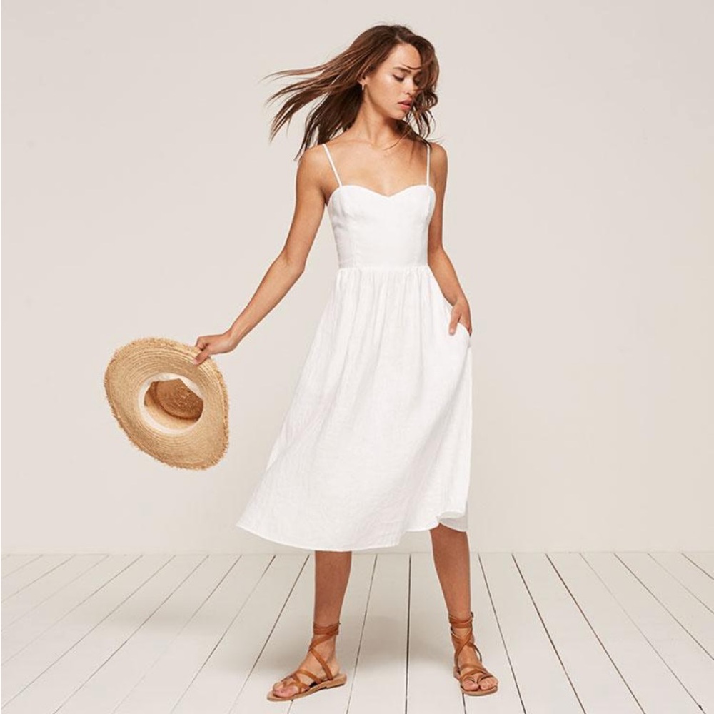 Reformation Olivia White Linen A-Line Pleated Midi Dress